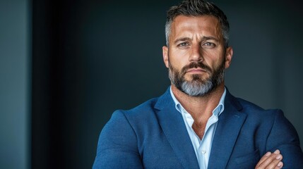 Fototapeta premium Confident businessman portrait, serious expression, dark background, professional headshot, business use