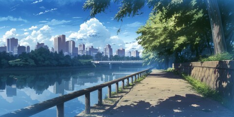 Obraz premium City Park Riverside Scenic View . Anime style