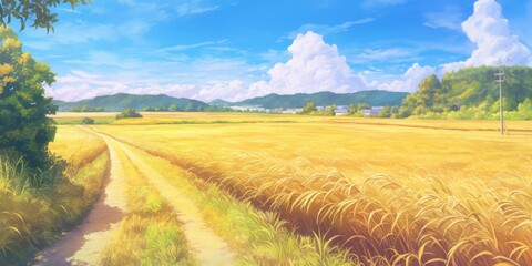 Golden Wheat Field Landscape Painting . Anime style