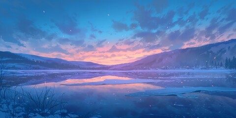 Fototapeta premium Winter Sunset Over a Frozen Lake . Anime style