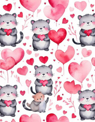 Fun Valentine's Day seamless pattern, cartoon-style, motifs of cute animals like cats and bears holding hearts, pink and red color palette, playful and joyful atmosphere.