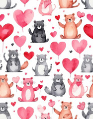 Fun Valentine's Day seamless pattern, cartoon-style, motifs of cute animals like cats and bears holding hearts, pink and red color palette, playful and joyful atmosphere.