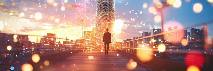 Man walking city sunset bridge future. Background bokeh lights, cityscape. Use Business, technology, success