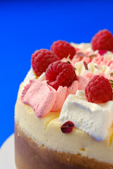Elegant Raspberry-Topped Cheesecake with Dual-Tone Whipped Cream close up