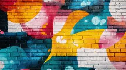 A colorful and artistic street mural on a brick wall, with vibrant colors