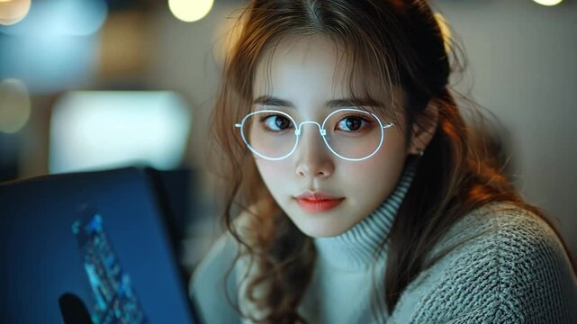 Young Woman with Glasses: A stylish young woman with long brown hair, wearing round glasses and a turtleneck sweater, looks directly at the camera with a serene and confident expression.