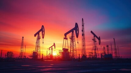 Silhouette of Oil Pump Jacks Against a Vibrant Sunset Sky in an Industrial Landscape