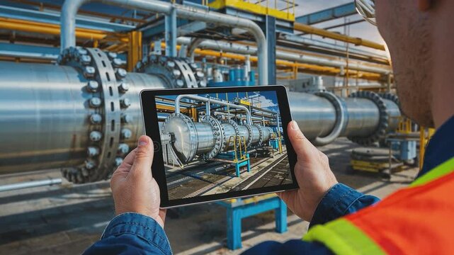 Close-up view of a worker's hands holding a tablet displaying detailed imagery of industrial piping and equipment.