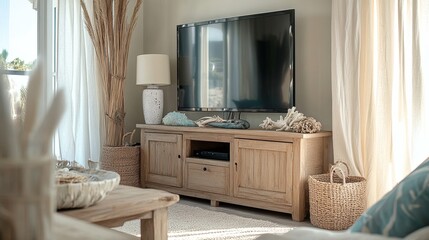 A beachy TV setup with a driftwood-inspired console, ocean-toned accents, and light linen curtains. 