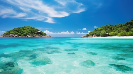 Idyllic Tropical Paradise with Crystal-Clear Waters and White Sandy Beaches - Lush Green Islands Under a Vibrant Blue Sky