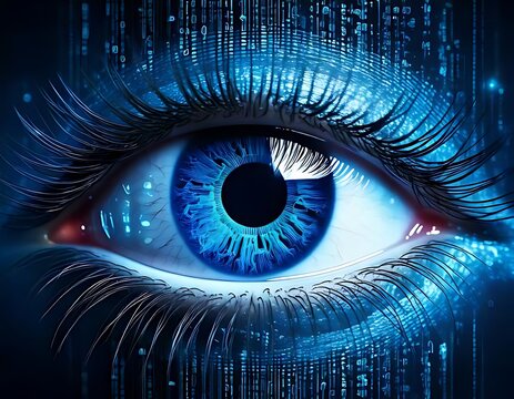 Blue eye is overlaid with digital binary code in futuristic style. - Powered by Adobe