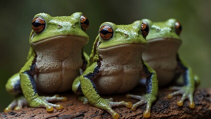 Naklejka premium frog in the grass . Three green frogs are sitting on a branch, awaiting review for submission. 