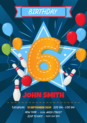 Children's 6th Birthday Invitation Card Featuring Bowling Ball and Pins - Vector Illustration