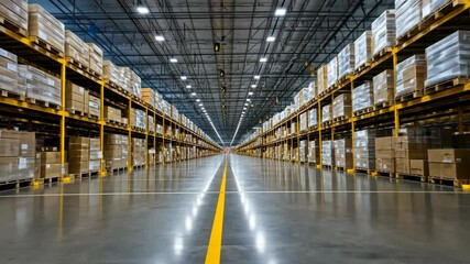 Inside a large warehouse, massive shelves filled with neatly stacked boxes extend into the distance. Workers move through the aisles, ensuring efficient organization and logistics