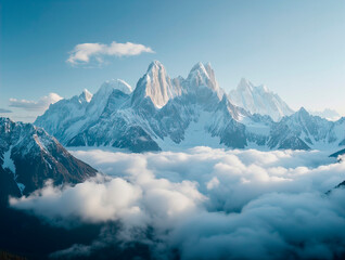 Obraz premium Majestic snow-capped peaks rising above the clouds in a serene mountainous landscape Mount Everest
