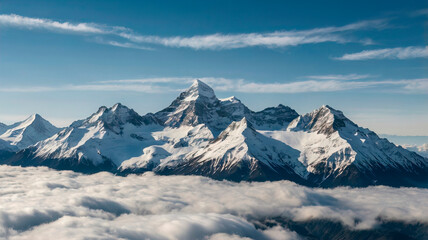 Majestic snow-capped peaks rising above the clouds in a serene mountainous landscape Mount Everest