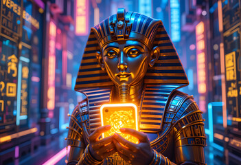 Glowing Digital Rendering of a Retrofuturistic Egyptian Pharaoh Holding a Smartphone Surrounded by Neon Circuitry and Ancient Hieroglyphs