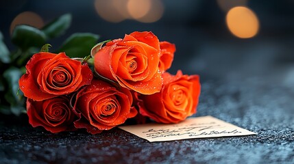 Beautifully Arranged Bouquet of Vibrant Red Roses with Water Droplets Setting a Romantic Mood for Special Occasions and Celebrations