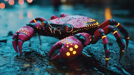 Cyberpunk robotic crab on wet ground at night.