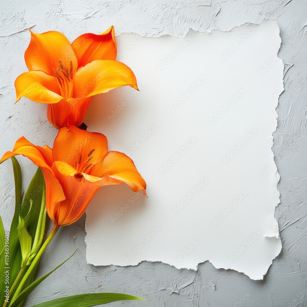 Poster Elegant orange lilies beside blank paper on textured background create a perfect space for creative text and designs. Generative AI