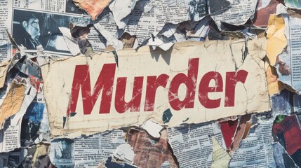 Red Murder Word on Torn Newspaper Collage Background