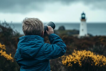 Obraz premium Child views distant lighthouse through lens.