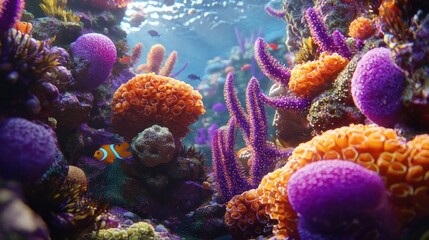 Fototapeta premium Vibrant coral reef teeming with colorful sponges and fish.