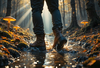 Mystical Forest with a Man Stepping into Muddy Puddles in Rugged Hiking Boots Illuminated by Glowing Mushrooms and Radiant Sunbeams