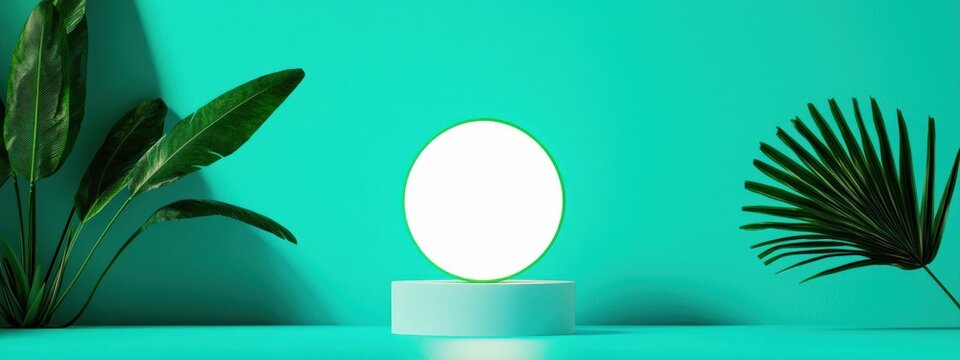 Modern Minimalist Lamp Surrounded by Lush Green Leaves on Bright Turquoise Background for Interior Design Inspiration