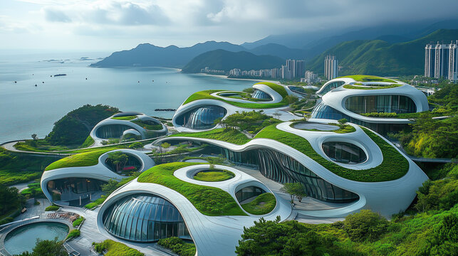 Aerial view of a futuristic coastal city with curved buildings, green rooftops, and ocean views