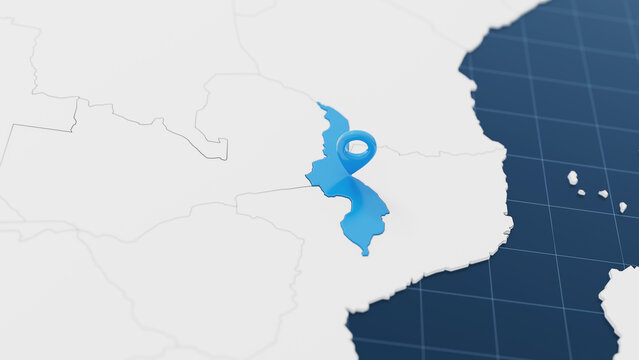 Blue Malawi 3d map with pointer pin surrounded with other countries in white. Political map with borders. 3d render illustration