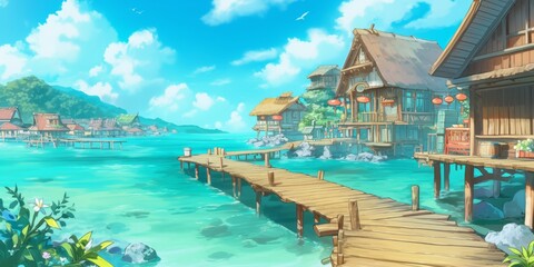Obraz premium Tropical Island Village Scene . Anime style