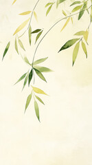 Fototapeta premium Aquarel ink painting of flying bamboo leaves, minimalist, oriental brushwork, light background. Generative AI