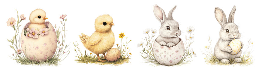 PNG Easter vintage illustration, isolated element set, transparent background