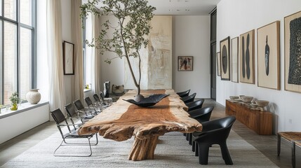 A chic dining area with a live-edge wooden table, sculptural chairs, and a gallery of contemporary artwork. 
