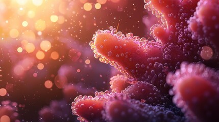 Fototapeta premium Microscopic coral reef structure with vibrant colors and bokeh background.