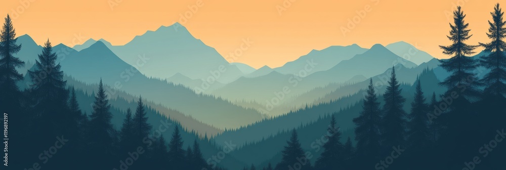 Poster Mountain landscape view with trees, soft tones and suitable space for adding text or messages during sunrise or sunset. Generative AI