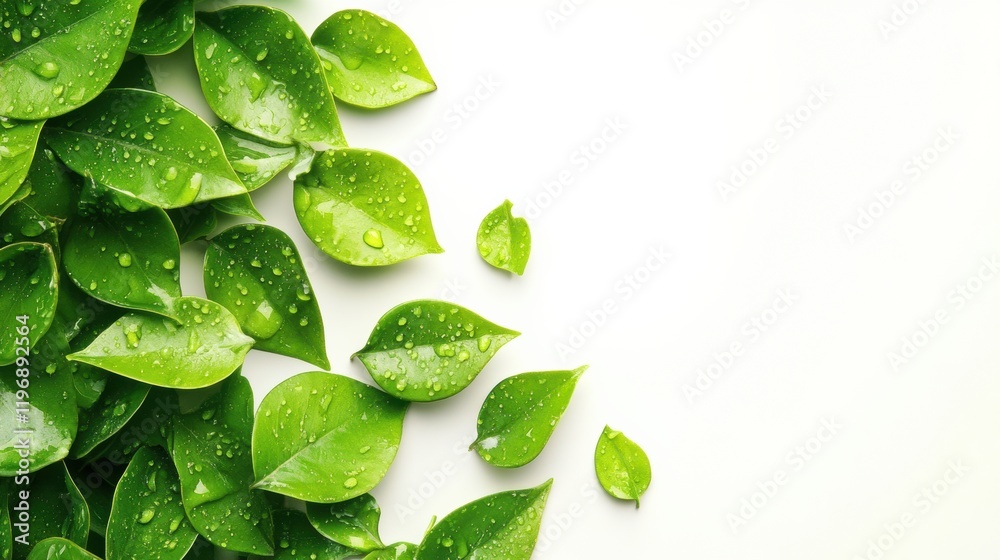 Leinwandbilder Fresh green leaves with water droplets creating a vibrant natural backdrop for text placement in a design context. Generative AI