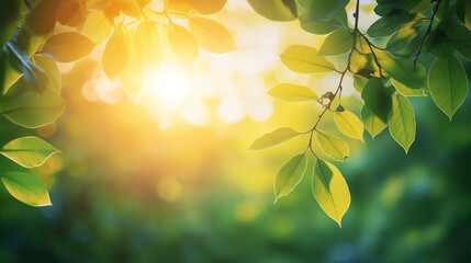 Obraz premium Scenic Forest with Sun Rays Through Fresh Green Deciduous Trees and Lush Foliage