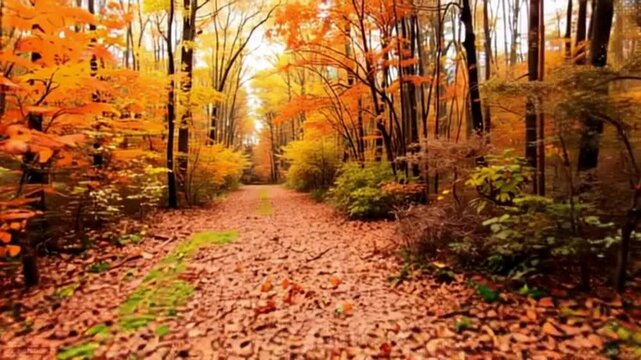 4K HD Video  Autumn in a forest. A peaceful forest trail lined with vibrant autumn leaves