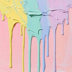 Colorful paint drips across a textured canvas creating a vibrant abstract design in pastel shades....