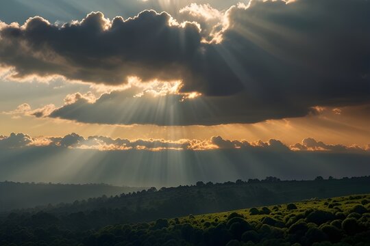 The sun's rays shine through the clouds Generative AI