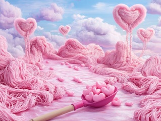 Spoon of hearts in a pink noodle world