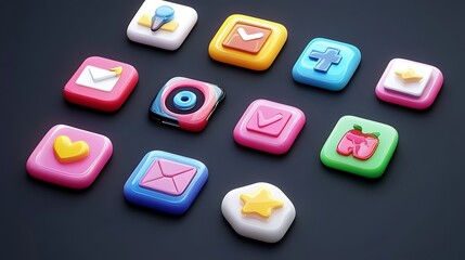 Glossy 3D Icons: A Set of Vibrant and Shiny Digital Symbols