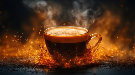 Evocative Panoramic View of Steaming Coffee Splash: A Close-Up Exploration of Warmth and Energy