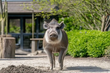 Fototapeta premium Playful Wild Boar Exploring a Calm Nature Setting Surrounded by Lush Greenery and a Bright Blue Sky in a Tranquil Outdoor Environment
