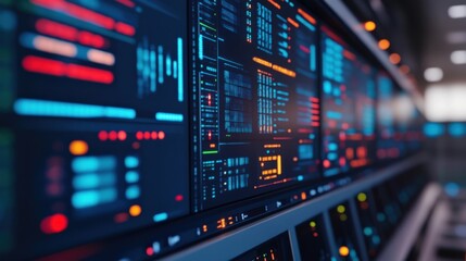 Abstract representation of data visualization on a futuristic control panel with vibrant colors and glowing interfaces