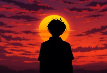 Fototapeta premium Silhouette Boy Sunset Scene Large Sun Red Sky Anime Style
