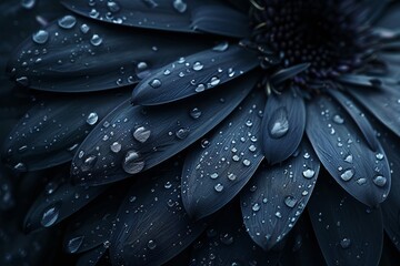 Obraz premium Delicate dark petals of a flower glisten with water droplets, creating a serene and moody atmosphere