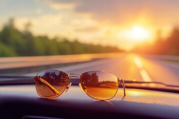 Sunglasses resting on dashboard with sun setting on a road during a summer evening drive. Generative AI